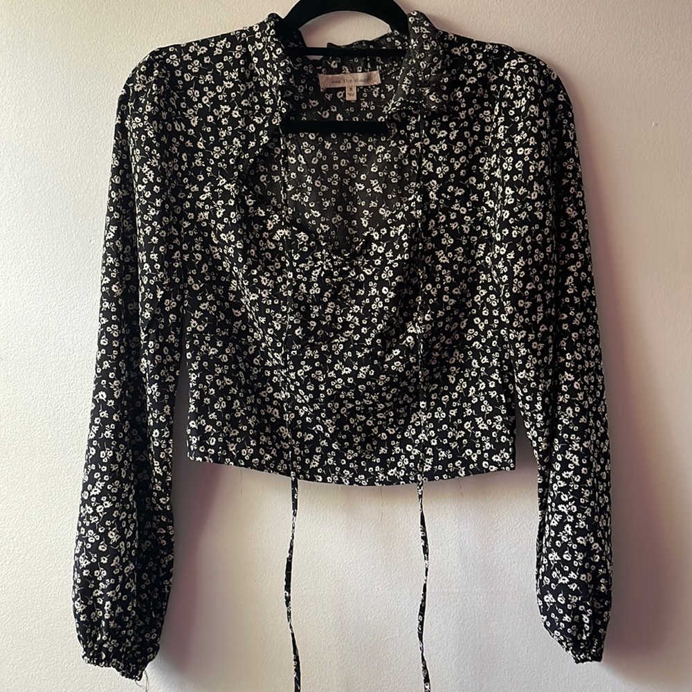 See the shades womens collar tie neck crop top
